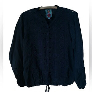 Johnny Was Black Embroidered Tie Waist Adjustable Sleeves Top Navy Blue Trim